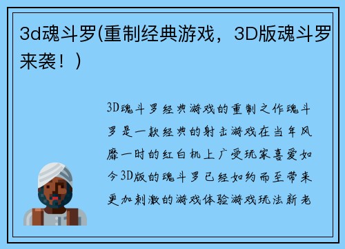 3d魂斗罗(重制经典游戏，3D版魂斗罗来袭！)